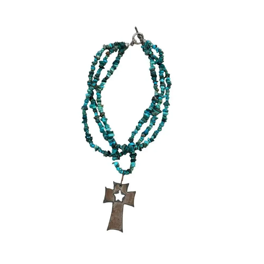 Vintage Women's Turquoise Multi Strand Nugget Cross Necklace